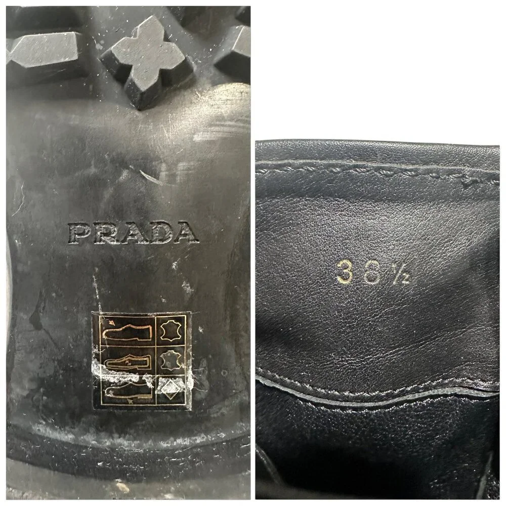 Prada Biker Boots Black Leather Lug Sole Ankle Boots EU 38.5